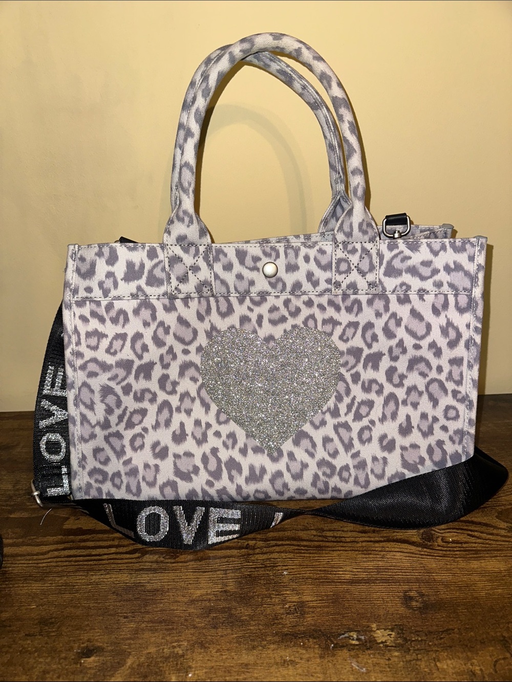 Leopard Print Tote with Glitter Heart Accent